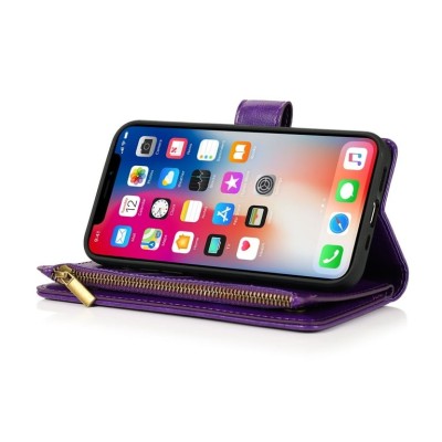 For Apple iPhone 14 6.1" Luxury Wallet Card ID Zipper Money Holder Case Cover - Lavender