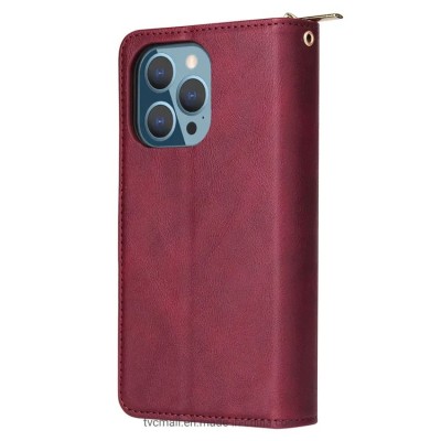 For Apple iPhone 14 6.1" Luxury Wallet Card ID Zipper Money Holder Case Cover - Red