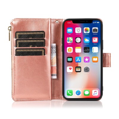 For Apple iPhone 14 6.1" Luxury Wallet Card ID Zipper Money Holder Case Cover - Rose Gold