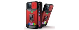 For Apple iPhone 14 6.1" Multi-Functional Card Magnetic Ring Stand Hybrid Camera Case Cover - Red