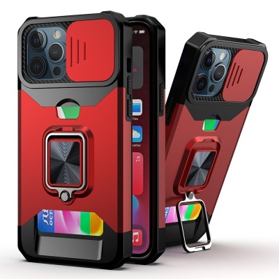For Apple iPhone 14 6.1" Multi-Functional Card Magnetic Ring Stand Hybrid Camera Case Cover - Red