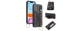 For Apple iPhone 14 6.1" Multi-Functional Cards Slot Wrist Strap Vegan Leather Case Cover - Black
