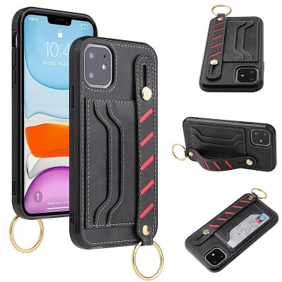 For Apple iPhone 14 6.1" Multi-Functional Cards Slot Wrist Strap Vegan Leather Case Cover - Black