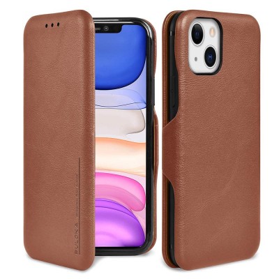 For Apple iPhone 14 6.1" Multi-Functional Cards Slot Wrist Strap Vegan Leather Case Cover - Brown
