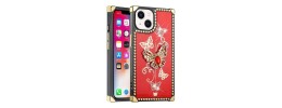 For Apple iPhone 14 6.1" Passion Square Hearts Diamond Glitter Ornaments Engraving Case Cover - Garden Butterflies White