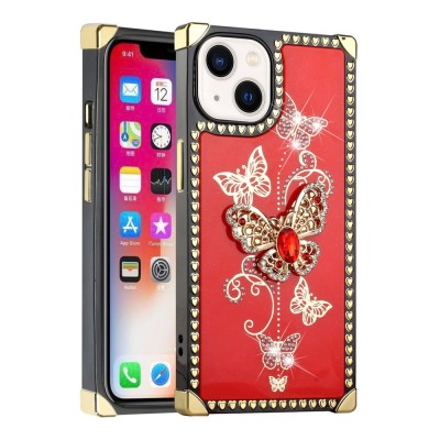 For Apple iPhone 14 6.1" Passion Square Hearts Diamond Glitter Ornaments Engraving Case Cover - Garden Butterflies White