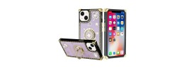 For Apple iPhone 14 6.1" Passion Square Hearts Diamond Glitter Ornaments Engraving Case Cover - Good Luck Floral Purple