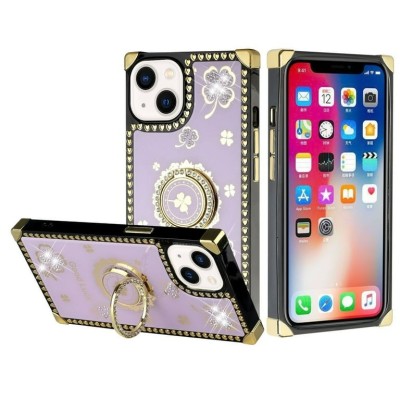 For Apple iPhone 14 6.1" Passion Square Hearts Diamond Glitter Ornaments Engraving Case Cover - Good Luck Floral Purple