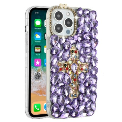 For Apple iPhone 14 6.1" Pearl Diamond Glitter Hybrid Case Cover - Purple