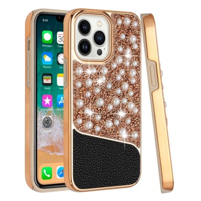 For Apple iPhone 14 6.1" Pearl Diamond Glitter Hybrid Case Cover - Rose Gold