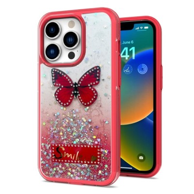 For Apple iPhone 14 6.1" SPLENDID Glitter Butterfly Design TPU Case Cover - Red