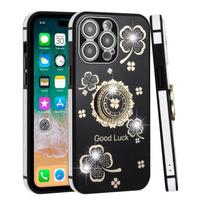 For Apple iPhone 14 6.1" SPLENDID Glitter Good Luck Floral Design TPU Case Cover - Black