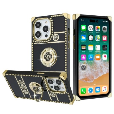 For Apple iPhone 14 6.1" SQUARE Passion Glitter Diamond Ring Stand Case Cover - BLACK CHROME E