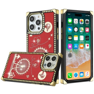 For Apple iPhone 14 6.1" SQUARE Passion Glitter Diamond Ring Stand Case Cover - Floral Design Red