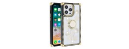 For Apple iPhone 14 6.1" SQUARE Passion Glitter Diamond Ring Stand Case Cover - Heart Design White