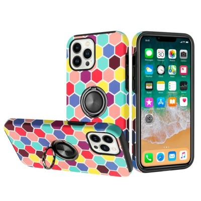For Apple iPhone 14 6.1" Sketch Design Hybrid Magnetic Ring Sand Case Cover - E
