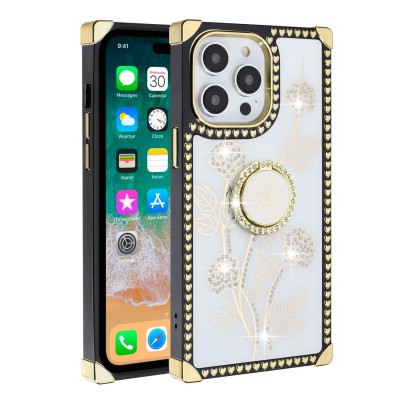 For Apple iPhone 14 6.1" Square Passion Hearts Bling Glitter Floral Ring Stand Case Cover - White