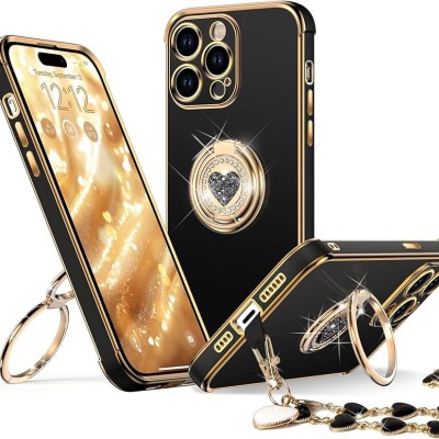 For Apple iPhone 14 6.1" Square Passion Hearts Bling Glitter Love Design Ring Stand Case Cover - Black