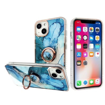 For Apple iPhone 14 6.1" Superior RoseGold Chromed Edge IMD Ring Stand Design Case Cover - B