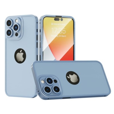 For Apple iPhone 14 6.1" Tempered 2in1 3D Full Protection Hybrid Zinc Alloy Ultra Thin with Logo Hole Case Cover - Blue