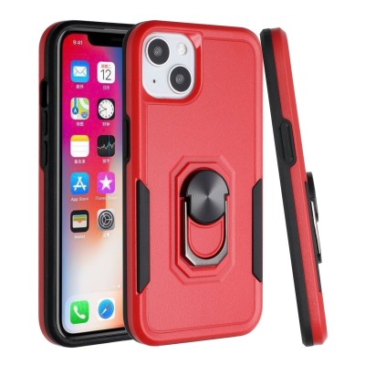For Apple iPhone 14 6.1" Tough Strong Dual Layer Flat Magnetic Ring Stand Case Cover - Red
