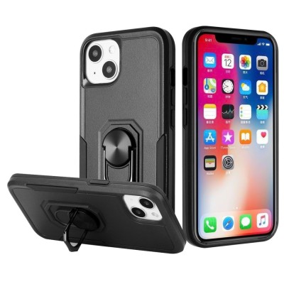For Apple iPhone 14 6.1" Tough Strong Dual Layer Flat Magnetic Ring Stand Case Cover - Black