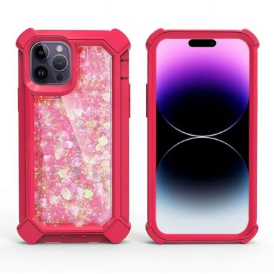 For Apple iPhone 14 6.1" Twinkle Liquid Glitter 3in1 Hybrid Case Cover - Hot Pink