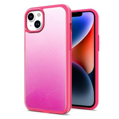 For Apple iPhone 14 6.1" Two Tone Transparent Glitter Chrome Shockproof Case Cover - Pink