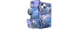 For Apple iPhone 14 6.1" Unique IMD Design Magnetic Ring Stand Cover Case - Flowers on Blue