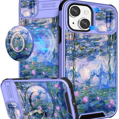 For Apple iPhone 14 6.1" Unique IMD Design Magnetic Ring Stand Cover Case - Flowers on Blue