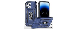 For Apple iPhone 14 6.1" Utter Tough Metal Ring Movable Camera Window Hybrid Case Cover - Navy blue