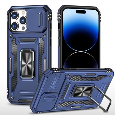 For Apple iPhone 14 6.1" Utter Tough Metal Ring Movable Camera Window Hybrid Case Cover - Navy blue