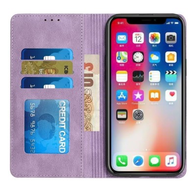 For Apple iPhone 14 6.1" Wallet Premium PU Vegan Leather ID Card Money Holder with Magnetic Closure - Purple