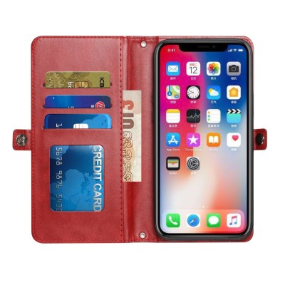 For Apple iPhone 14 6.1" Wallet Premium PU Vegan Leather ID Multiple Card Holder Money with Strap - Red