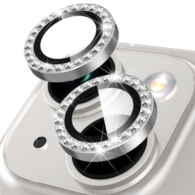 For Apple iPhone 14 6.1"/iPhone 14 Plus 6.7" Diamond Bling Camera Lens Full Tempered Glass - Silver