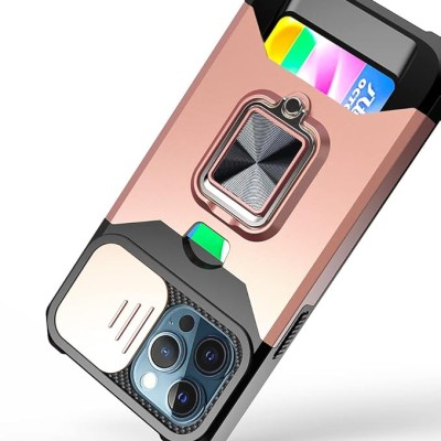 For Apple iPhone 14 PRO 6.1" Multi-Functional Card Magnetic Ring Stand Hybrid Camera Case Cover - Rose Gold
