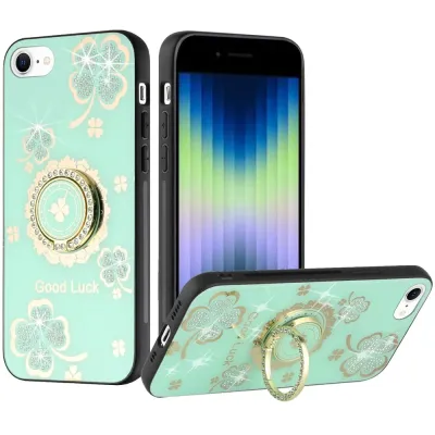 For Apple iPhone 14 PRO 6.1" SPLENDID Diamond Glitter Ornaments Engraving Case Cover - Good Luck Floral Teal