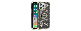 For Apple iPhone 14 PRO 6.1" Square Passion Hearts Bling Glitter Love Design Ring Stand Case Cover - Black