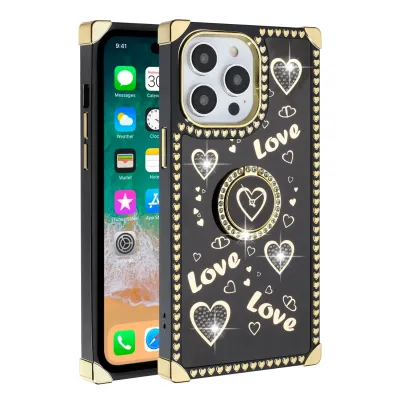 For Apple iPhone 14 PRO 6.1" Square Passion Hearts Bling Glitter Love Design Ring Stand Case Cover - Black