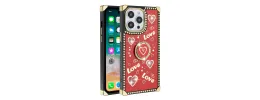 For Apple iPhone 14 PRO 6.1" Square Passion Hearts Bling Glitter Floral Ring Stand Case Cover - Red