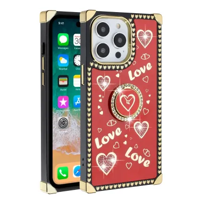 For Apple iPhone 14 PRO 6.1" Square Passion Hearts Bling Glitter Floral Ring Stand Case Cover - Red