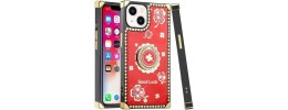 For Apple iPhone 14 PRO 6.1" SPLENDID Diamond Glitter Ornaments Engraving Case Cover - Good Luck Floral Red