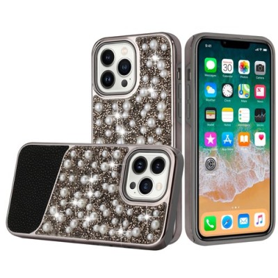 For Apple iPhone 14 PRO 6.1" Pearl Diamond Glitter Hybrid Case Cover - Black