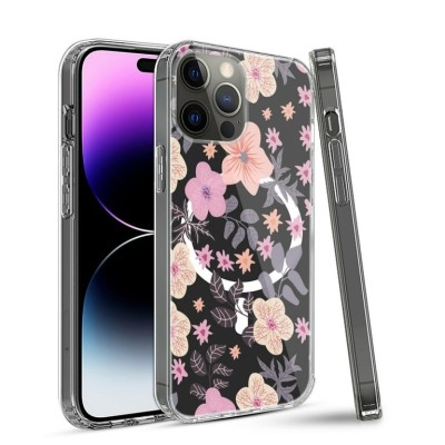 For Apple iPhone 14 MAX 6.7" Bronze Gold Layer Design Hybrid Cover Case - Pink Floral