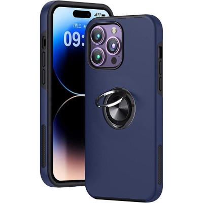 For Apple iPhone 14 PRO MAX 6.7" Utter Tough Metal Ring Movable Camera Window Hybrid Case Cover - Navy blue
