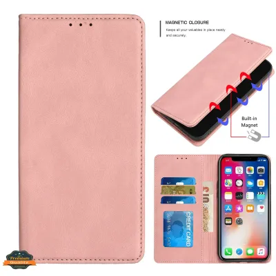 For Apple iPhone 14 PRO MAX 6.7" Wallet Premium PU Vegan Leather ID Card Money Holder with Magnetic Closure - Rose Gold