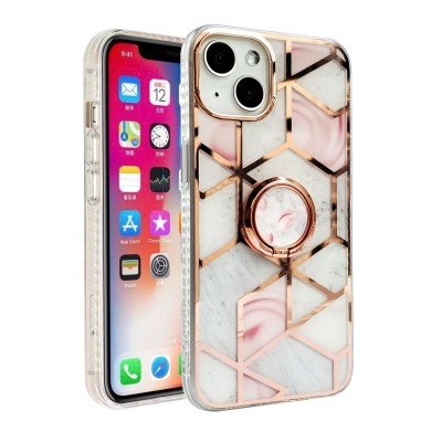 For Apple iPhone 14 PRO 6.1" Superior RoseGold Chromed Edge IMD Ring Stand Design Case Cover - A