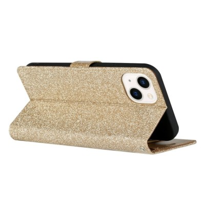 For Apple iPhone 14 PRO 6.1"  Bow Glitter Ornament Shimmer Wallet Case with Lanyard - Black