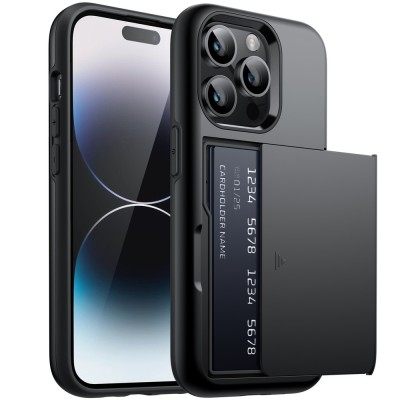 For Apple iPhone 14 PRO 6.1" Business Multiple Card Holder (Upto 5 Cards) Shockproof Hybrid Case Cover - Black