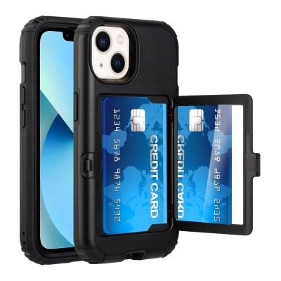 For Apple iPhone 14 PRO 6.1" Card Holder (Upto 2) with Mirror Hybrid Shockproof Case Cover - Black